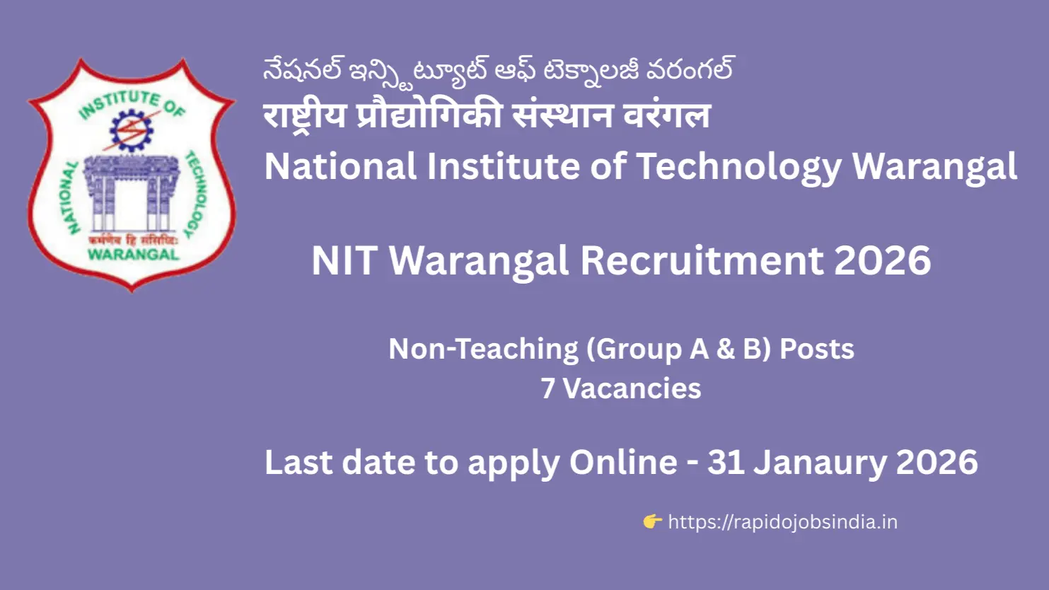NIT Warangal Recruitment 2026” =