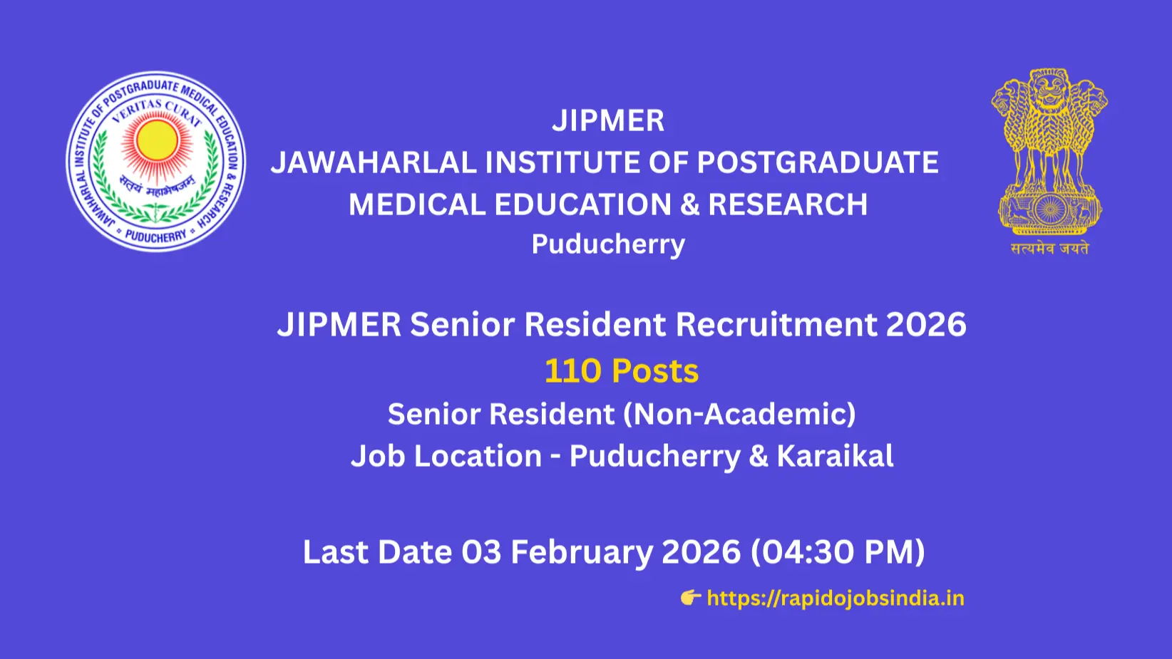 JIPMER Senior Resident Recruitment 2026
