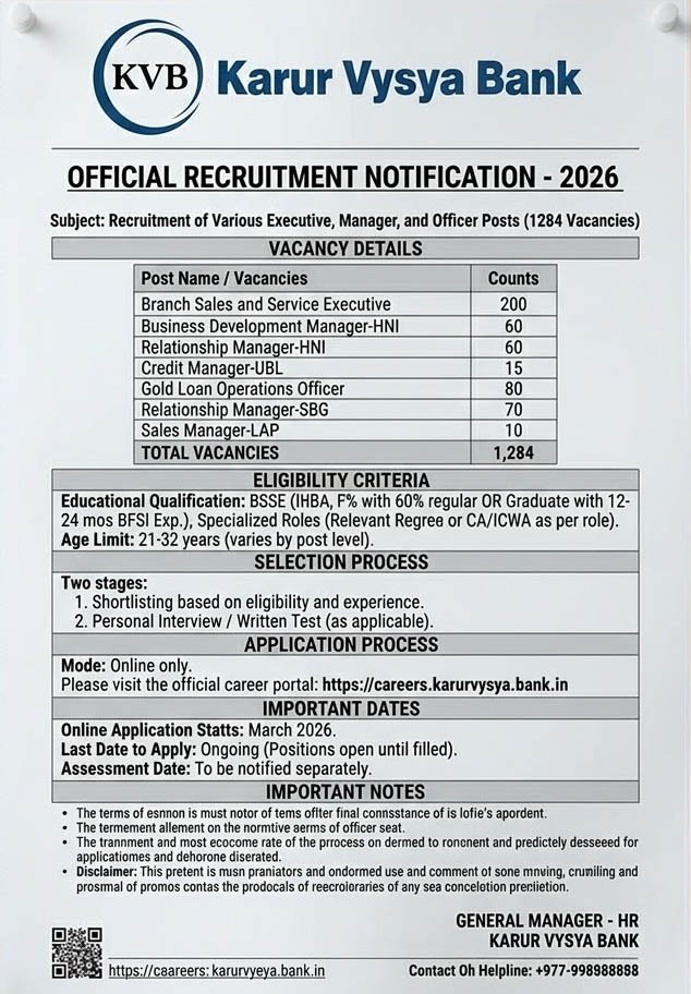 Karur Vysya Bank Recruitment 2026 Notification