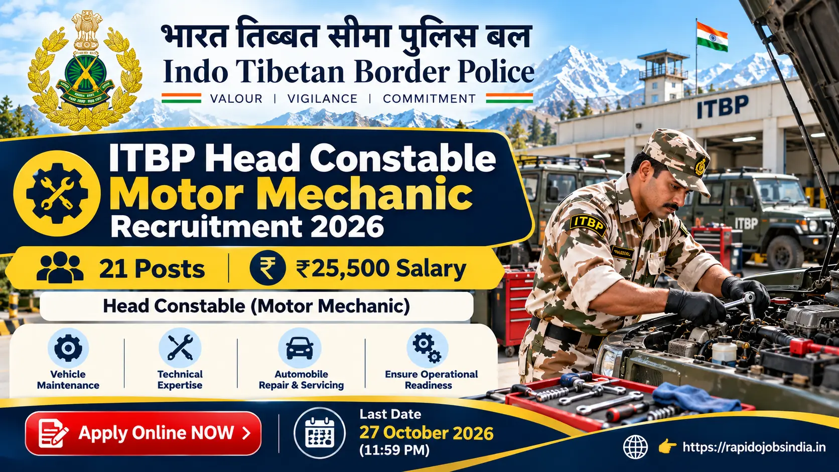 ITBP Head Constable Motor Mechanic Recruitment 2026